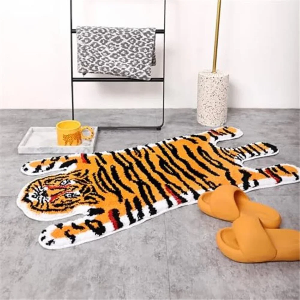 Tiger Bath Mat Cute Animal Shaped Non Slip Plush Bathroom Rug Orange Yellow